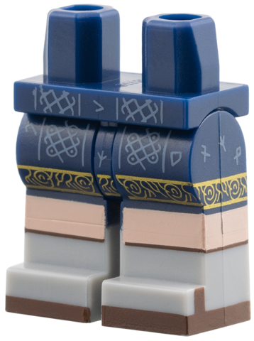 Dark blue legs with light bluish gray lower boots, featuring sand blue runes, gold trim, and dark brown sandals.