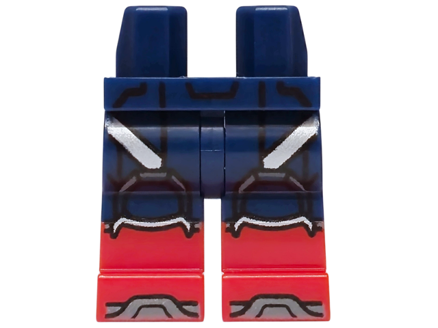 Dark blue hips and upper legs with molded red lower boots and silver armor accents.