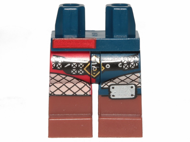 Hips and 1 Dark Blue Left Leg, 1 Red Right Leg with Reddish Brown Boots, Black Belt with Silver Rivets, White Fishnet Stockings and Knee Pad Pattern