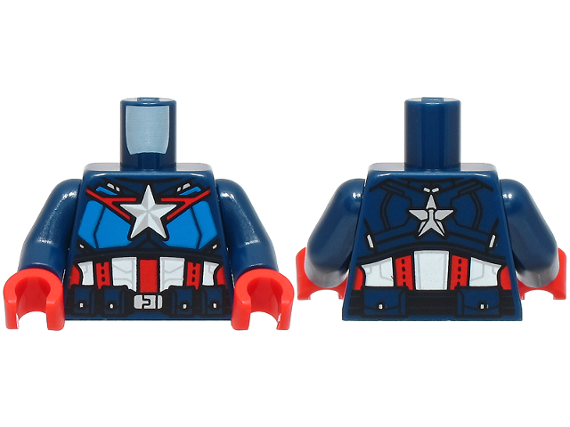 Torso Armor with Blue Panels, Silver and White Star on Chest, Red Trim, Stripes, Utility Belt with Buckle Pattern / Dark Blue Arms / Red Hands