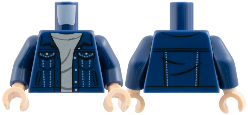 Torso Jacket Open, Black Pocket Outlines, Bright Light Blue Stitching, Light Bluish Gray Shirt Pattern / Dark Blue Arms / Light Nougat Hands