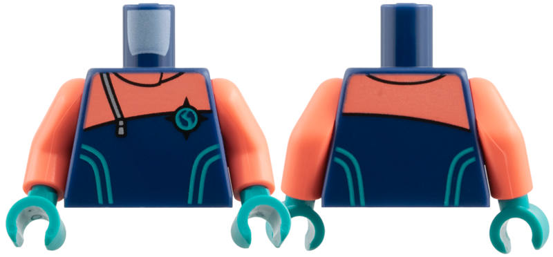 Dark blue wetsuit with coral shoulders, a silver zipper, and an Arctic Explorer logo. Features coral arms and dark turquoise hands.
