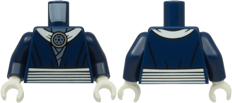 Dark blue torso with a white striped belt and neck wrap, dark blue arms, and white hands.
