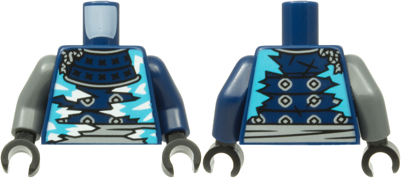 Torso Armor with Black Stitches, Medium Azure and White Ice Crystals, Light Bluish Gray Sash Pattern / Dark Blue Arm Left / Dark Bluish Gray Arm Right / Black Hands in Dark Blue