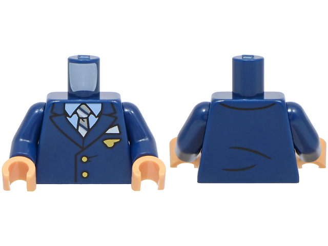 Torso Suit Jacket with Gold Buttons and Pan Am Cabin Crew Wing Pin, Pocket Square, Bright Light Blue Shirt, Striped Tie Pattern / Dark Blue Arms / Medium Tan Hands
