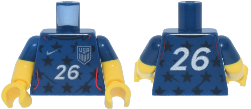Dark blue torso with black stars and a silver USA badge, featuring yellow arms with dark blue short sleeves and yellow hands.
