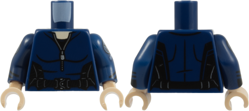 Dark blue torso with a silver zipper and belt, featuring SHIELD logos on the arms and light nougat hands.
