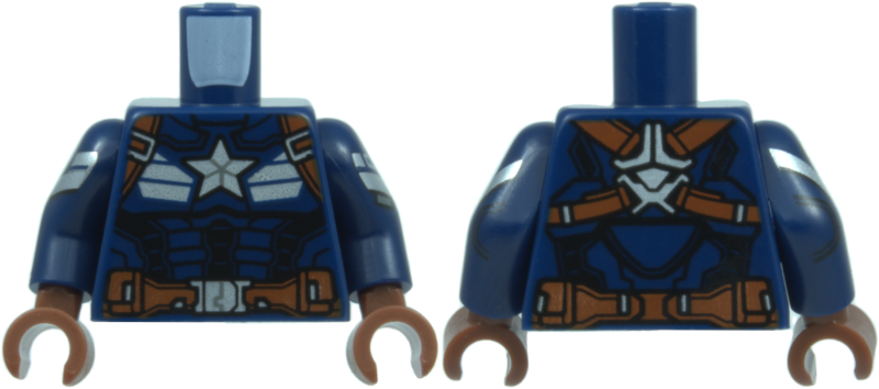 Torso Armor with Silver Star, Stripes, and Buckles, Reddish Brown Straps and Belt, and Black Muscle Highlights Pattern / Dark Blue Arms with Silver Armor, Black Outlines, and Sand Blue SHIELD Logo Pattern / Reddish Brown Hands in Dark Blue