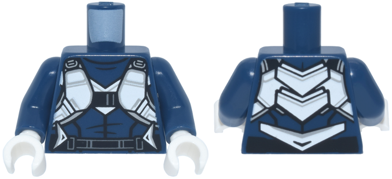 Dark blue flight suit torso with white straps and buckles, dark blue arms, and white hands.