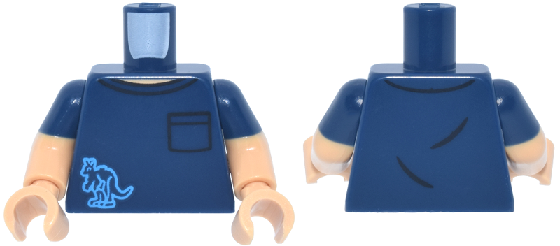 Dark blue t-shirt torso with a light blue kangaroo logo, medium tan arms with dark blue short sleeves, and medium tan hands.