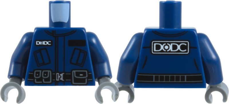 Dark blue torso with dark blue arms and dark bluish gray hands. Features a tactical jacket with 'DODC' printed on the chest and back.