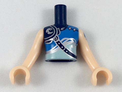 Torso Mini Doll Girl Armored Top with Blue, Silver and Light Aqua Trim, Water Icon Pattern, Light Nougat Arms with Hands with Blue Tattoo