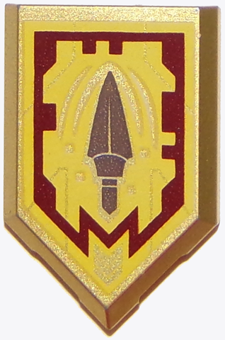Tile, Modified 2 x 3 Pentagonal with Nexo Power Shield Pattern - Merlok Power Spear