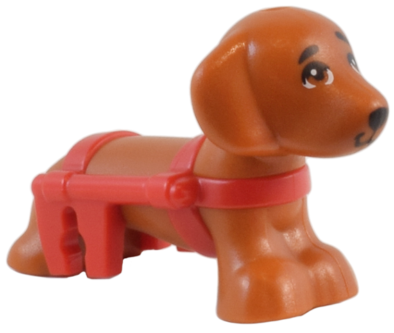 Dog, Friends Style, Dachshund with Molded Red Wheelchair Harness and Printed Eyes and Black Nose Pattern (Pickle)