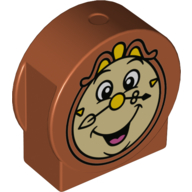 Duplo, Brick 1 x 2 x 2 Round Top, Cut Away Sides with Tan Cogsworth Clock Face with Yellow Nose Pattern