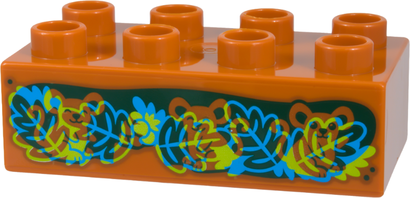 Duplo, Brick 2 x 4 with Lime Leaves and Grass, Dark Green Mice and Berries, Dark Azure Highlights on Reddish Brown Background Pattern