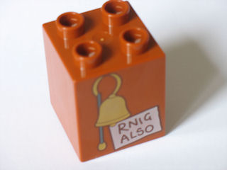 Duplo, Brick 2 x 2 x 2 with Bell and 'RNIG ALSO' Pattern