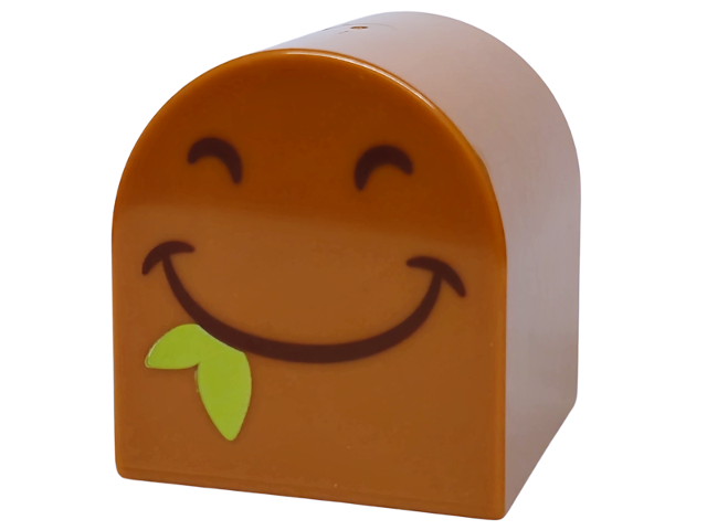 Duplo, Brick 2 x 2 x 2 Slope Curved Double with Dark Brown Nostrils and Smiling Mouth with Lime Leaves Pattern