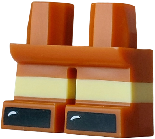 Dark orange short legs with bright light yellow stripes and black shoes.