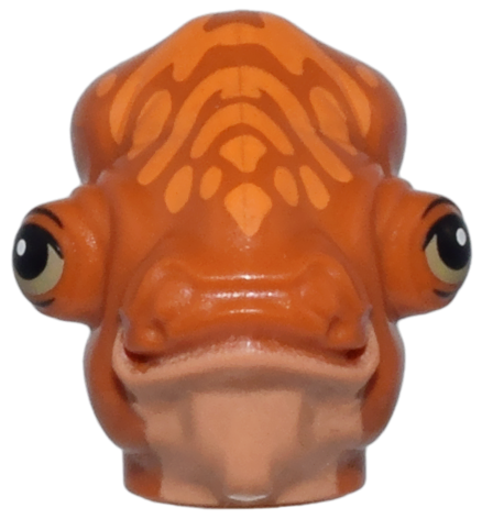 Minifigure, Head, Modified SW Mon Calamari with Orange Markings, Nougat Neck, and Olive Green and Black Eyes with Eyelids Pattern (Lt. Beyta)
