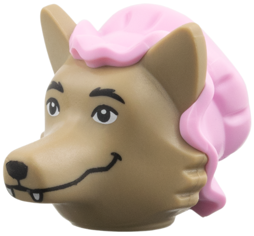 Minifigure, Head, Modified Wolf with Molded Bright Pink Nightcap and Printed Black Eyebrows, Nose and Mouth with Fangs Pattern