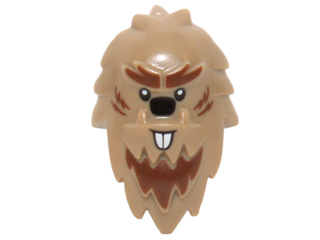 Minifigure, Head, Modified Yeti, Shaggy Hair with Reddish Brown Fur, Black Nose, and White Beaver Teeth Pattern