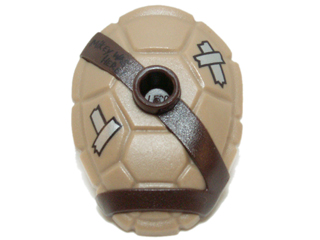 Minifigure Turtle Shell with Stud with Molded Dark Brown Horizontal and Diagonal Belts and Printed Black 'MIKEY WAS HERE!' and Silver Tape Pattern