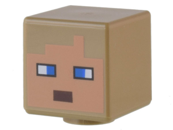 Minifigure, Head, Modified Cube with Pixelated Medium Nougat Face, Blue Eyes, and Dark Brown Mouth Pattern (Minecraft Rancher)