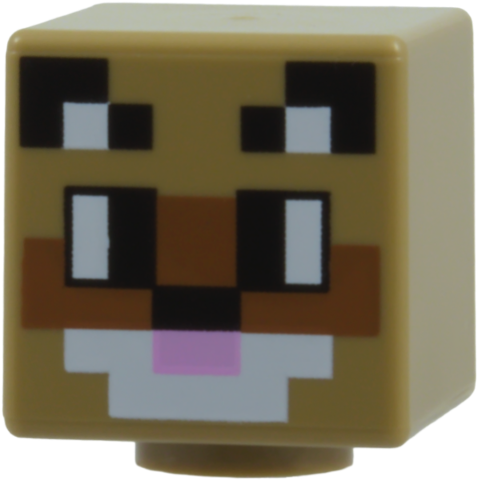 Minifigure, Head, Modified Cube with Pixelated Black and White Eyes and Ears, Medium Brown Face, and Pink Mouth Pattern (Minecraft Racoon Adventurer)