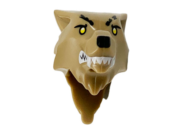 Minifigure, Head, Modified Wolf, Smooth Hair and Brow with Black Nose and Eyebrows, White Teeth and Fangs, Yellow Eyes, Cut Eyebrow Left Pattern