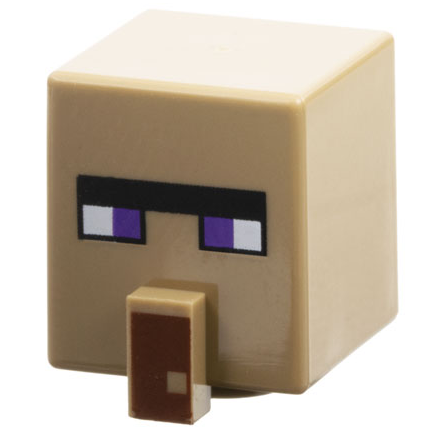 Minifigure, Head, Modified Cube Tall with Raised Rectangle with Pixelated Black Unibrow, Dark Purple Eyes, and Reddish Brown Nose Pattern (Minecraft Witch)