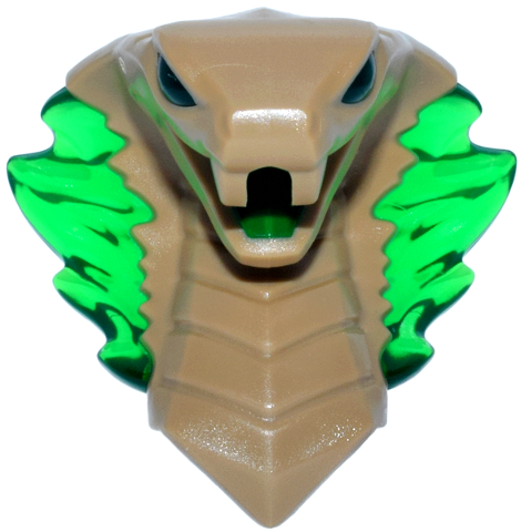 Minifigure, Head, Modified Snake, Cobra with Open Mouth with Molded Trans-Green Eyes, Tongue, and Flames on Open Hood Pattern