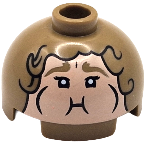 Brick, Round 2 x 2 Dome Top with Light Nougat Face, Thick Eyebrows, Black Eyes, Mouth, Puffed Out Cheeks and Hair Outline Pattern