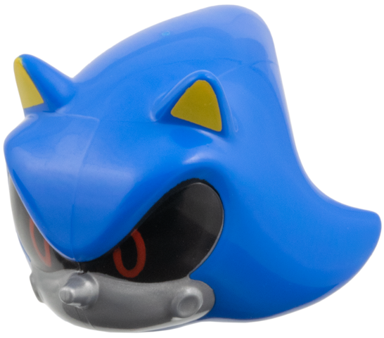 Minifigure, Head, Modified Hedgehog, Metal Sonic with Molded Flat Silver Face and Printed Yellow Inner Ears and Red Eyes on Black Background Pattern
