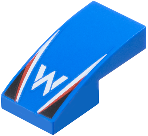 Slope, Curved 2 x 1 x 2/3 with Williams Formula 1 Logo Stylized Capital Letter W, White and Red Stripes, Black Triangles Pattern