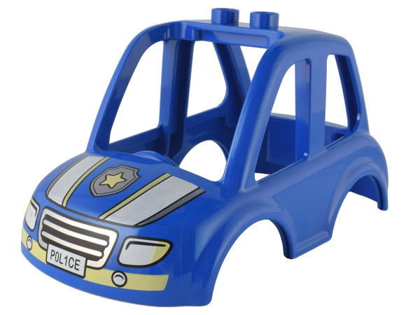 Duplo Car Body High Cab 2 Top Studs with Silver, White and Bright Light Yellow Headlights, Grille, Bumper, Badge with Star, and 'POL1CE' Pattern
