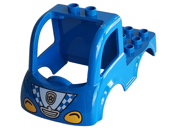 Duplo Car Body Truck 4 x 4 Flatbed with 2 Top Studs, Grille and Headlights, Police Badge and Blue and White Checkered Pattern