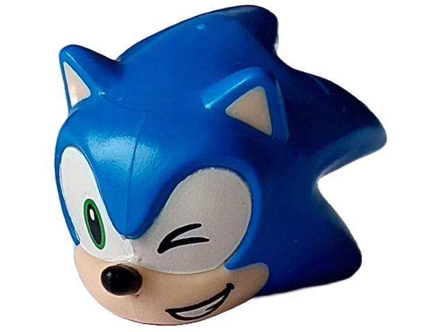 Minifigure, Head, Modified Hedgehog, Sonic with Molded Light Nougat Face and Inner Ears and Printed Bright Green Eye Right and Wink Left on White Background, Black Nose and Open Mouth Smile with Teeth to Left Pattern