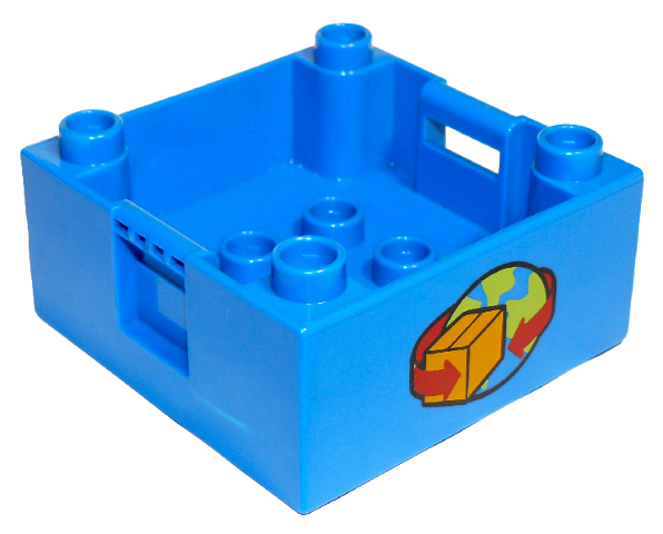Duplo Container Box 4 x 4 with Studs on Corners with Box and Arrows and Globe Pattern on Both Sides
