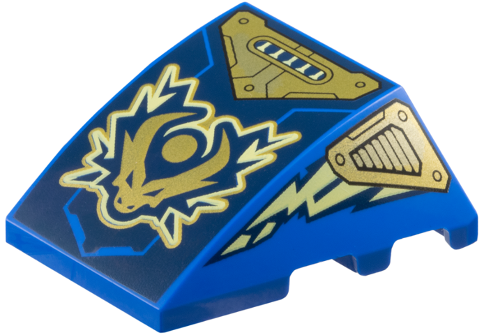 Wedge 4 x 3 Triple Curved No Studs with Gold Dragon Head and Armor, Bright Light Yellow Electricity, Lightning Bolts on Dark Blue Background Pattern