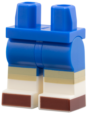 Blue minifigure legs with dual-molded white lower legs, featuring printed tan knees and dark red toes.