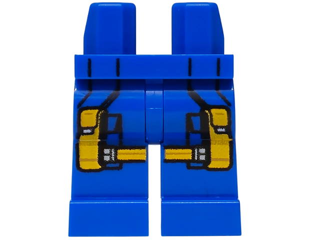 Blue hips and legs with a bright orange printed belt and pouch details.