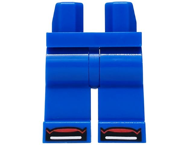Blue hips and legs with a print of black and red shoe tips with white lines.