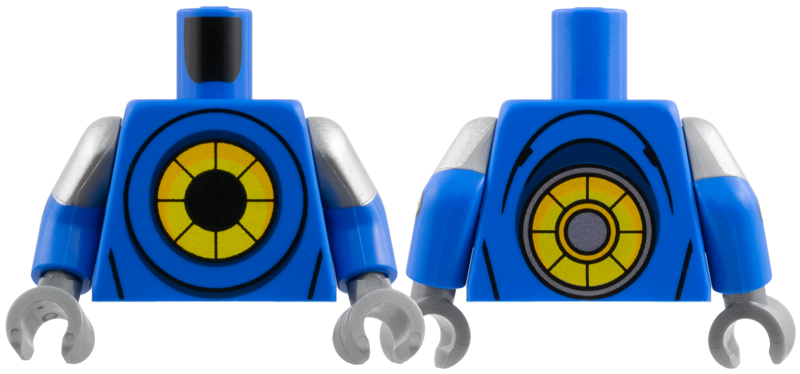 Torso with Black, Bright Light Orange and Yellow Segmented Circle Pattern / Blue Arms with Molded Flat Silver Short Sleeves and Printed Black and Silver Rivets Pattern / Flat Silver Hands