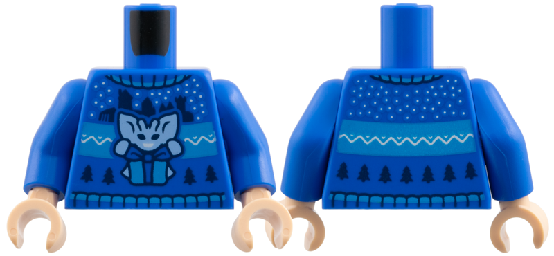 Torso Knit Fair Isle Holiday Sweater with Bright Light Blue Cornish Pixie with Present / Gift, Castle Silhouettes and Christmas Trees Pattern / Blue Arms / Light Nougat Hands