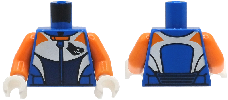 Blue torso with orange arms and white hands. Features a racing suit print with white and orange accents and a stylized shark head logo.