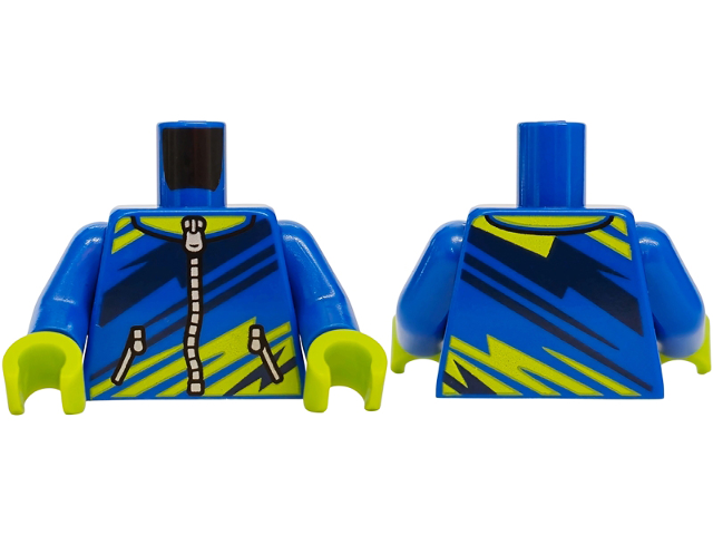 Blue torso with a zipped jacket featuring lime and dark blue diagonal stripes. Includes blue arms and lime hands.