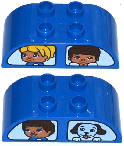 Duplo, Brick 2 x 4 Slope Curved Double with White Vehicle Windows with Boy and Dog / Girl and Boy Pattern