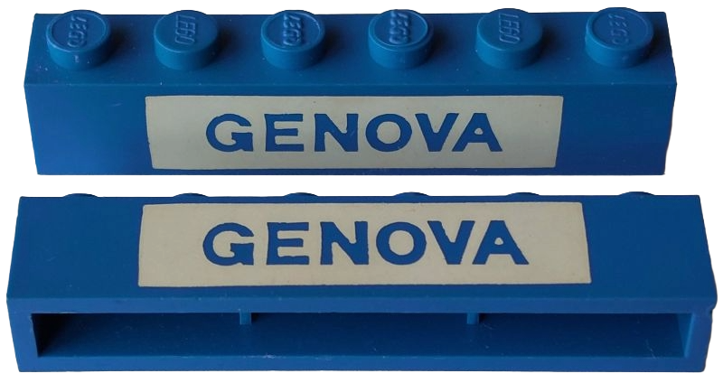 Brick 1 x 6 without Bottom Tubes with Cross Side Supports with Blue in White 'GENOVA' Pattern