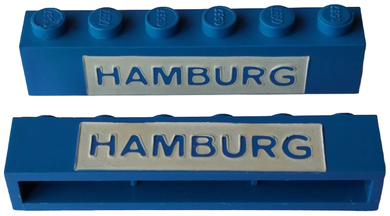 Brick 1 x 6 without Bottom Tubes with Cross Side Supports with Blue in White 'HAMBURG' Pattern